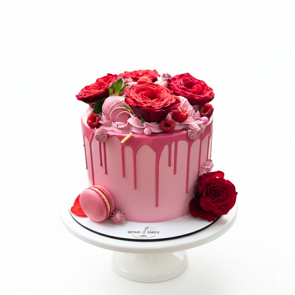 pink birthday cake with red roses