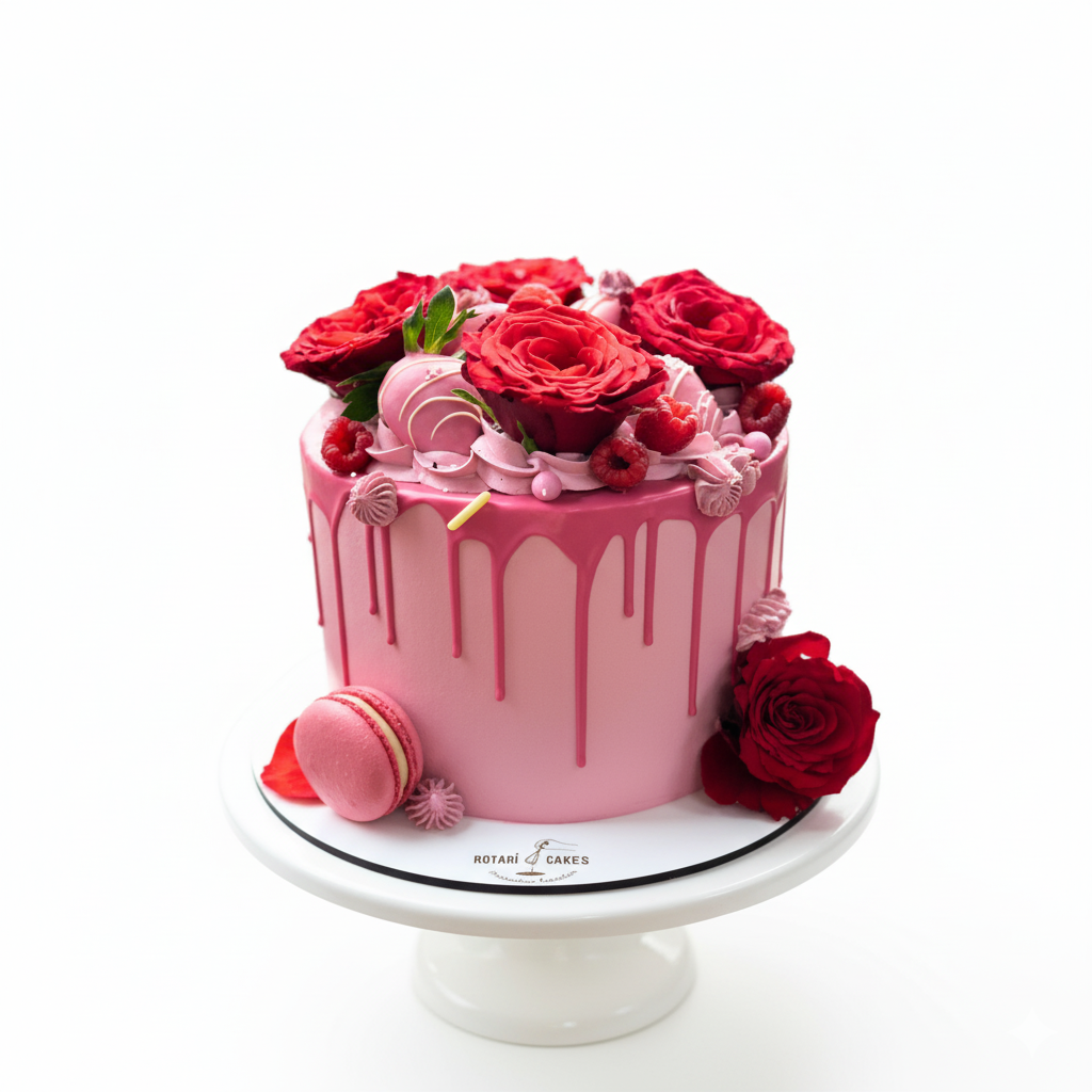 pink birthday cake with red roses