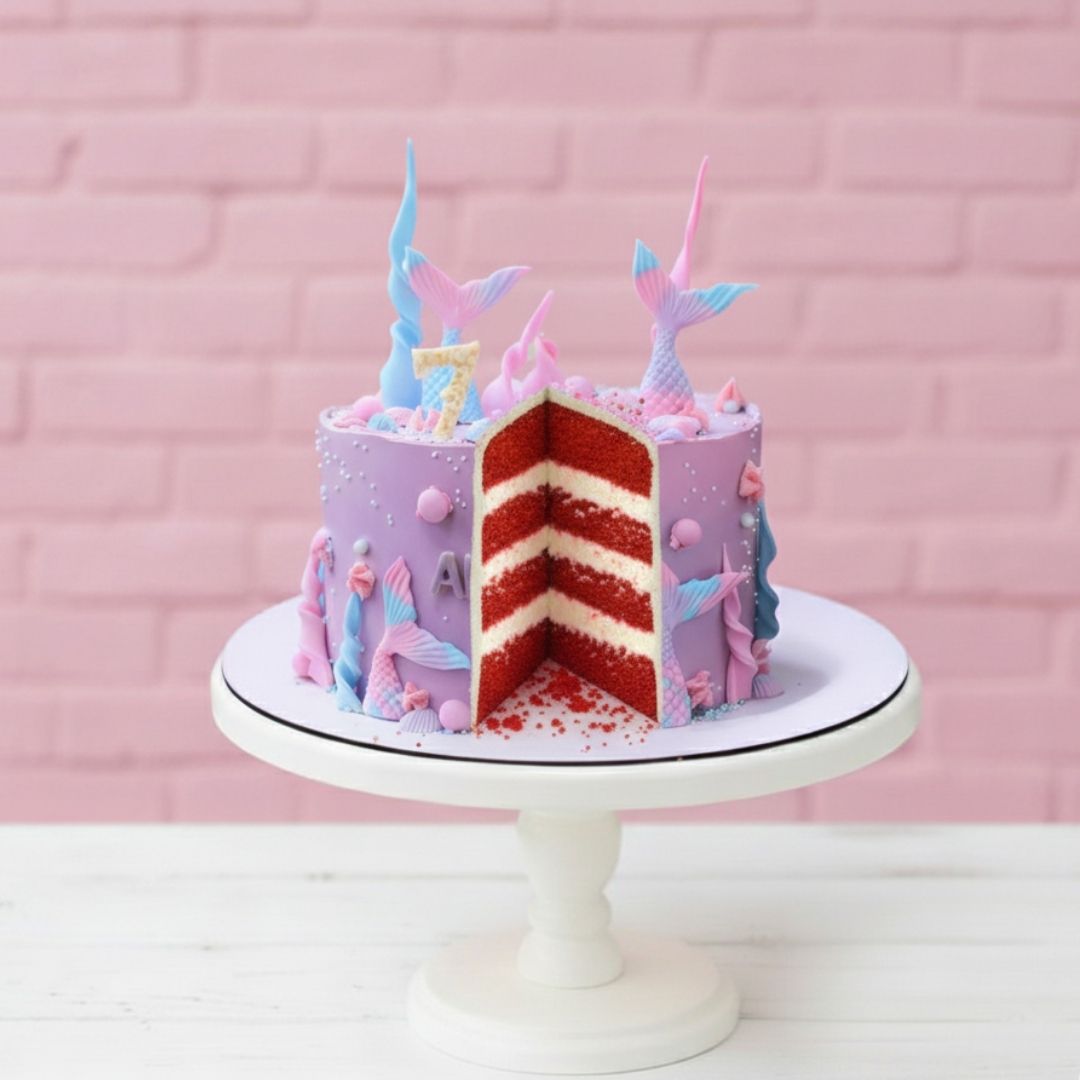 Colorful unicorn-themed birthday cake on a white stand with a pink brick background