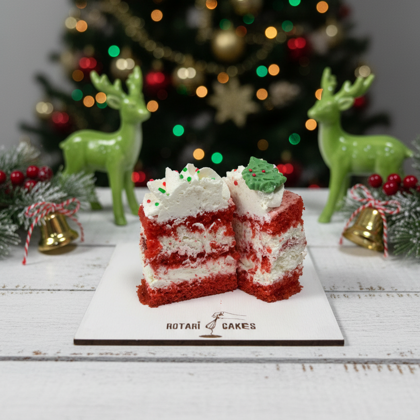 
                  
                    Red velvet cake with white frosting on a white stand in front of a decorated Christmas tree.
                  
                