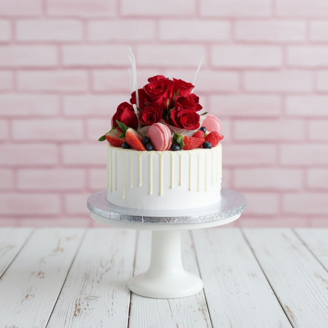 White cake with red roses and berries on a pink brick wall background