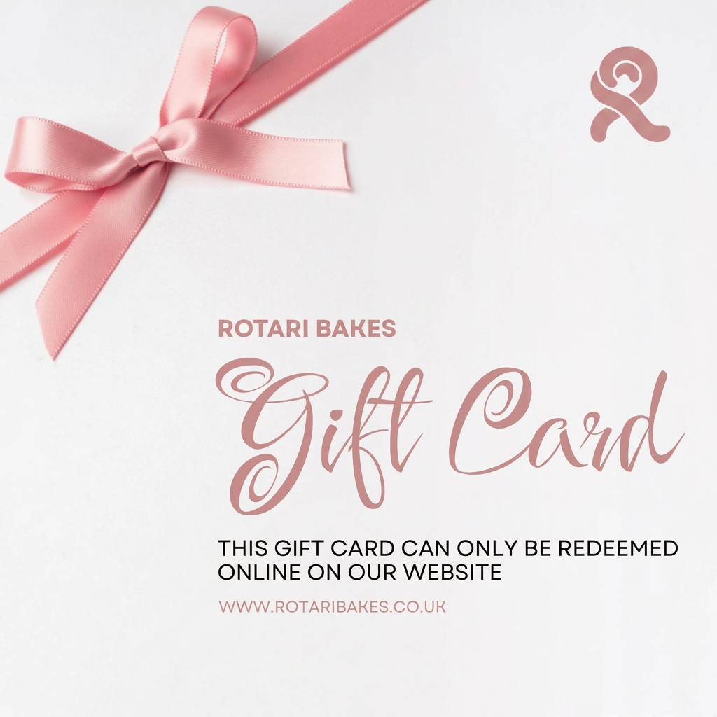 A pink gift card design for Rotari Bakes, featuring a large pink satin ribbon bow in the top left corner and the text 'ROTARI BAKES Gift Card' with additional redemption text and website on a white background.
