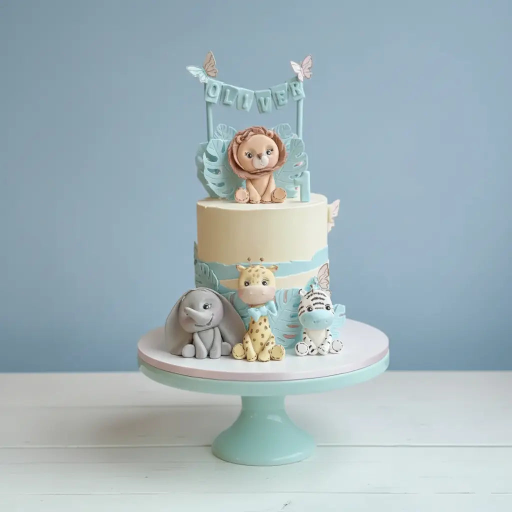 boys birthday cake with animal figurines and a 'Oliver' banner against a light blue background.