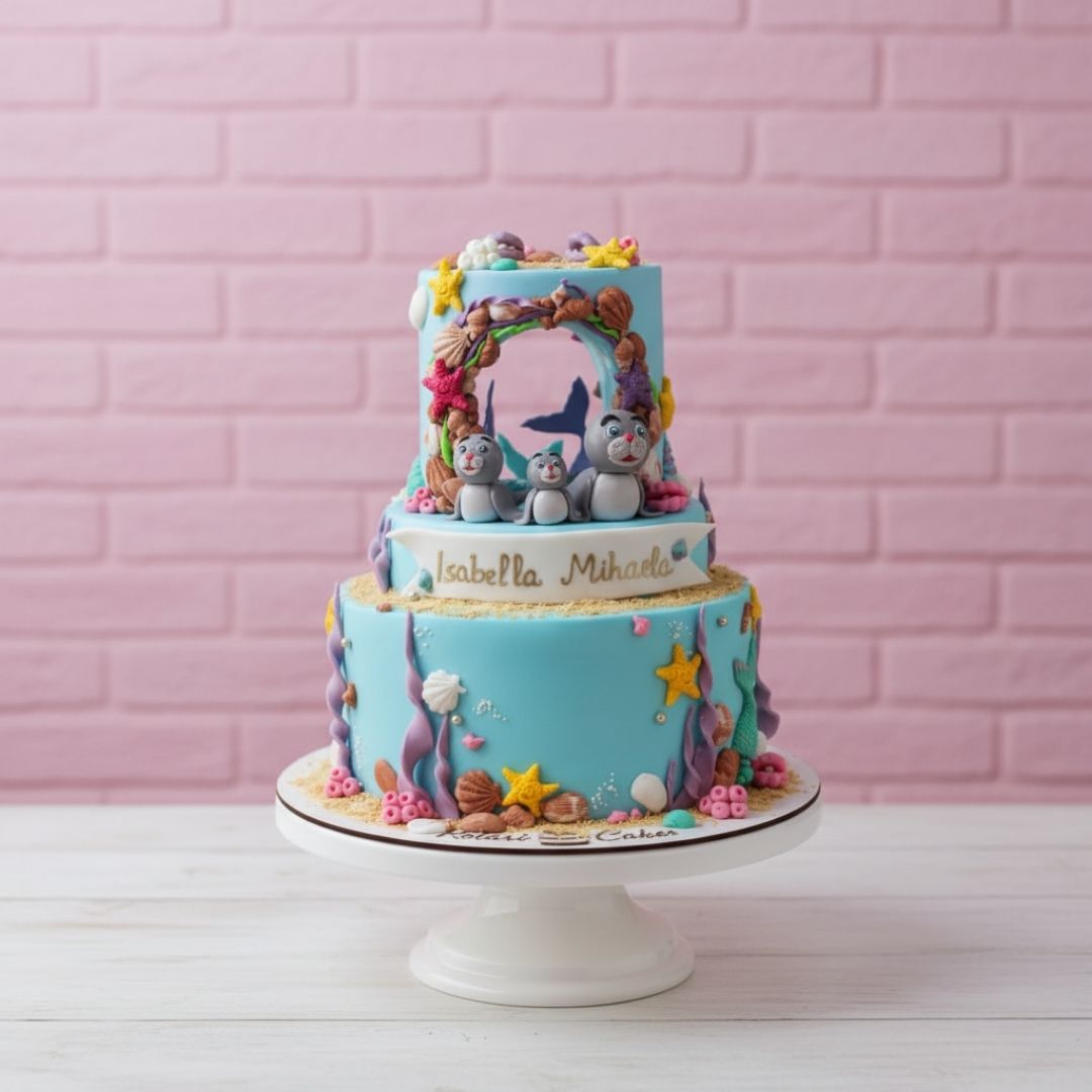 Two-tiered sea theme cake with animated character decorations against a pink brick wall.