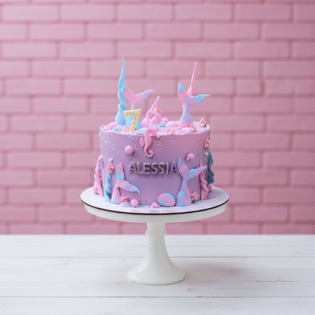 Pink birthday cake with mermaid-themed decorations on a white stand against a pink brick wall.
