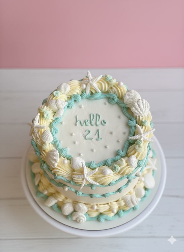 
                  
                    Two-tiered cake with shell decorations and 'hello 21' text on a white surface with pink background
                  
                