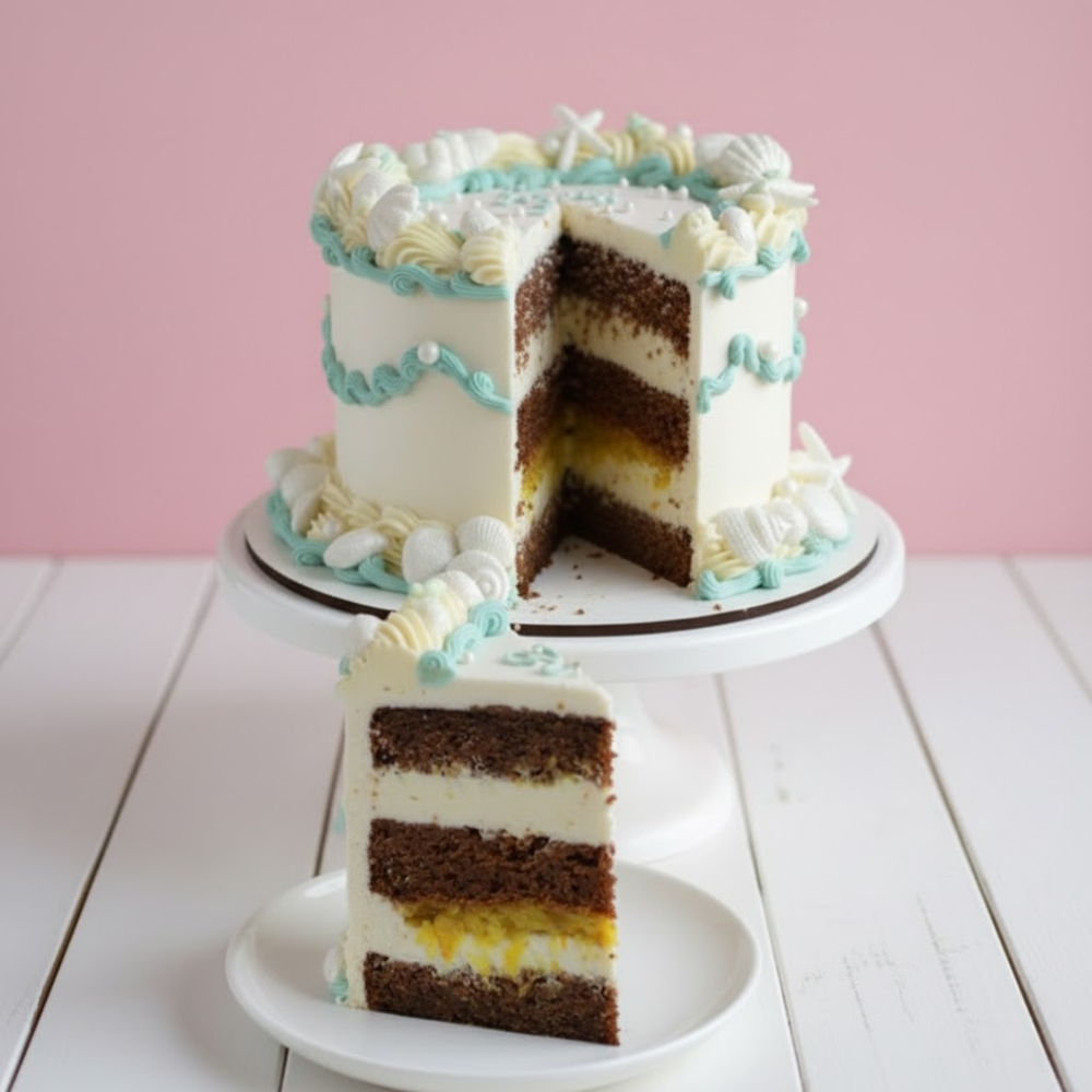 Layered cake with a slice cut out, showing its interior on a white surface with a pink background.