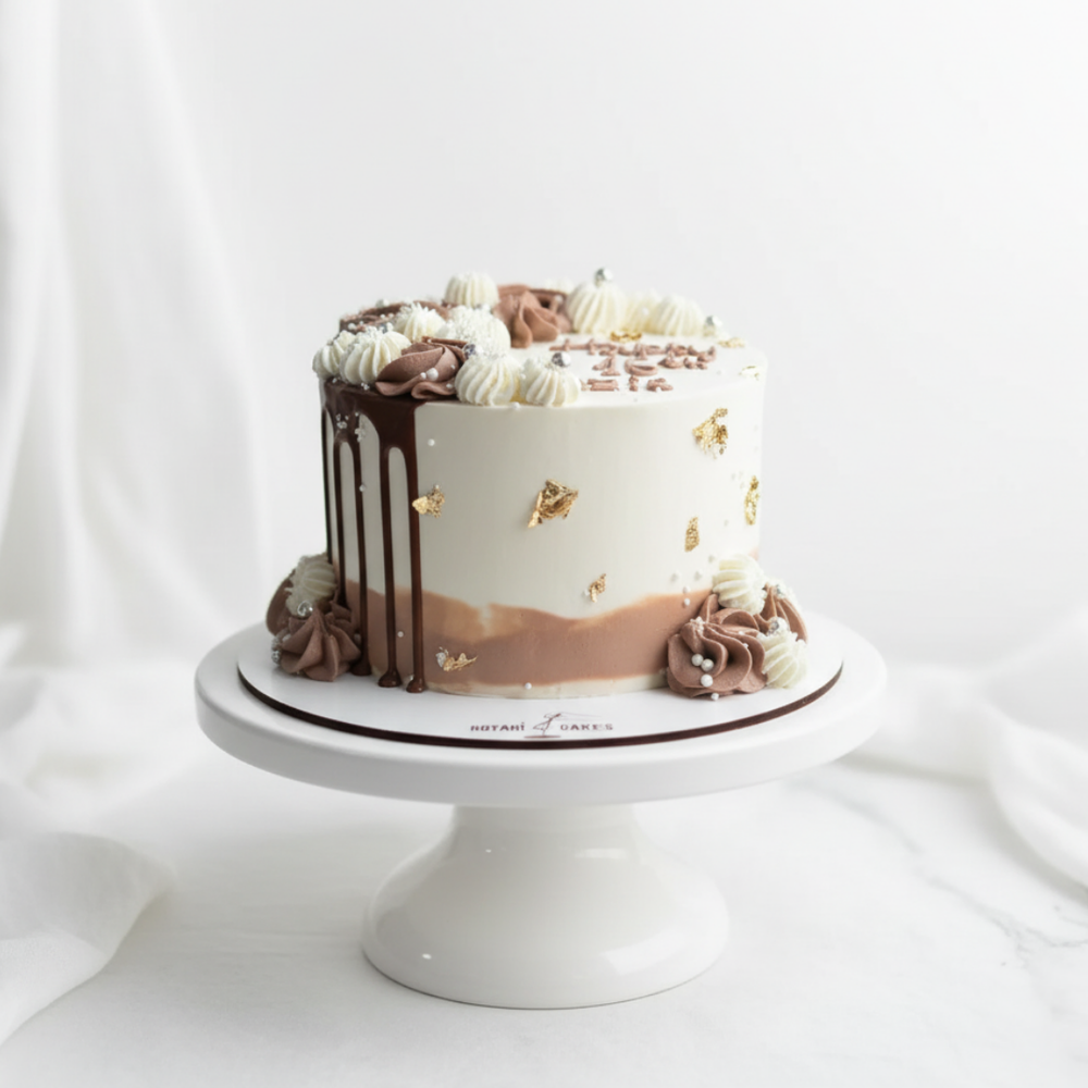 mini birthday cake in brown and white colour with side piping 