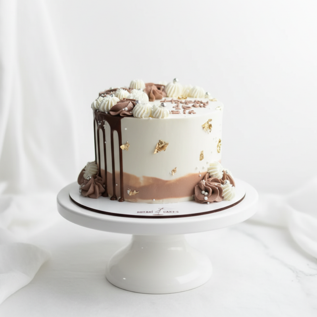 mini birthday cake in brown and white colour with side piping 