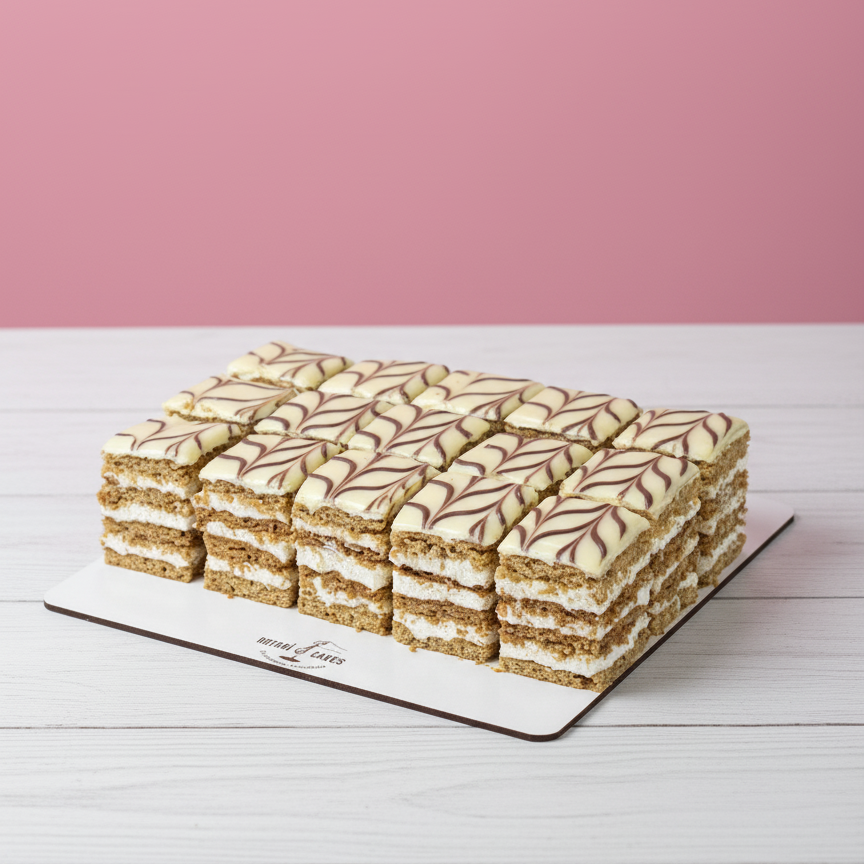 Layered cake with a decorative top on a white stand against a pink background