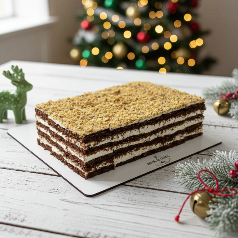 Layered cake on a white surface with a decorated Christmas tree in the background