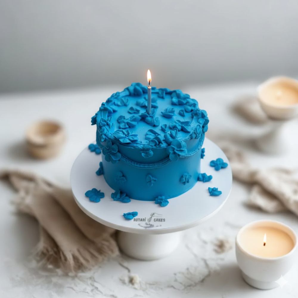 
                  
                    Blue cake with a single candle on a white marble surface
                  
                