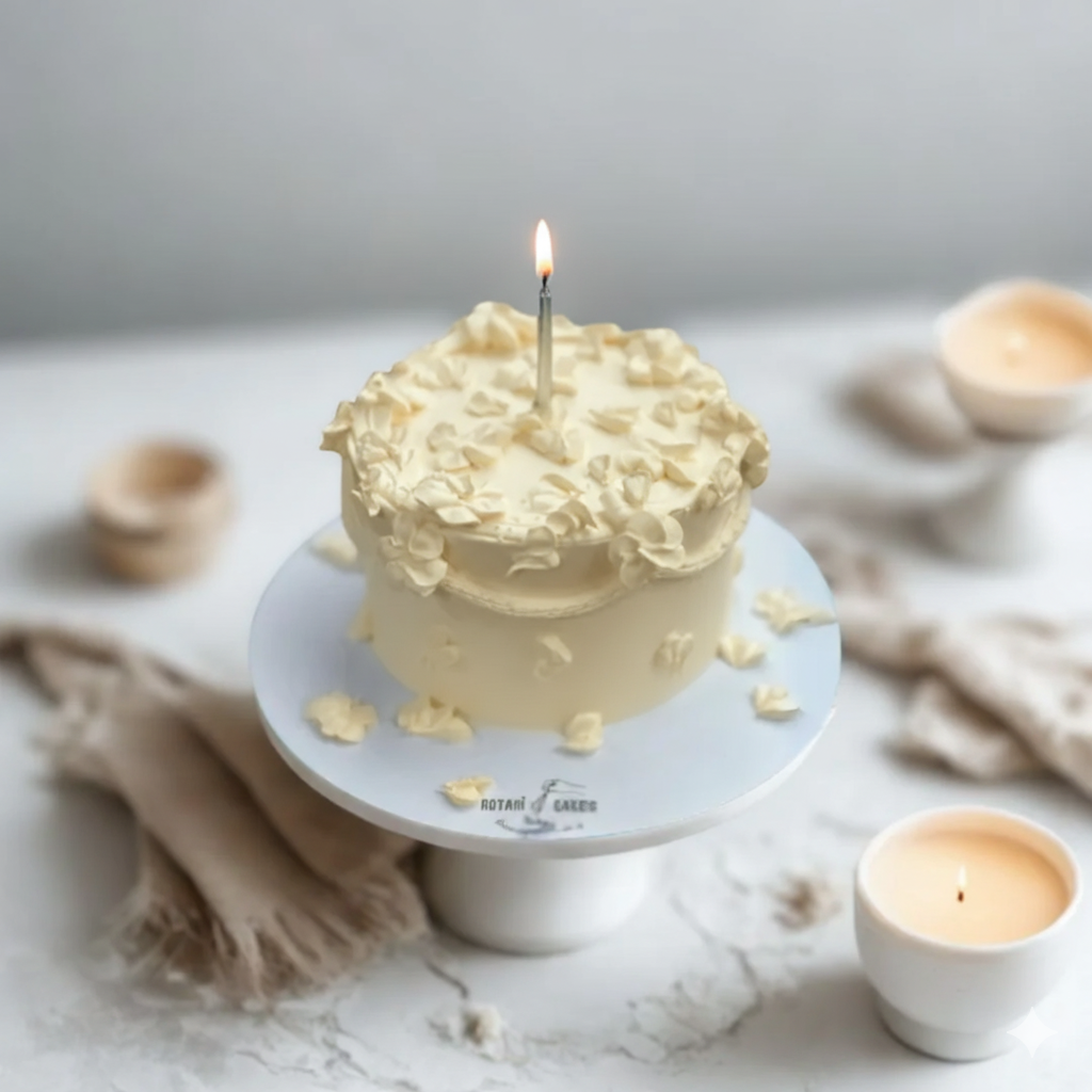 Small yellow cake with a single lit candle on a marble surface