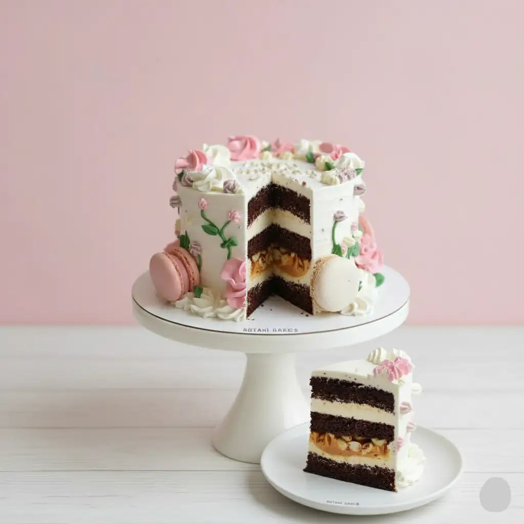 Decorative cake with floral and macaron decorations on a white stand against a pink background