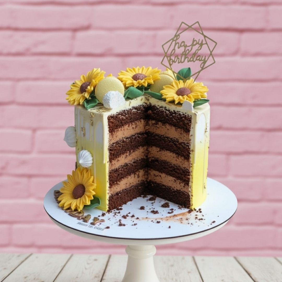 Chocolate cake with yellow flowers and a 'Happy Birthday' topper on a pink background