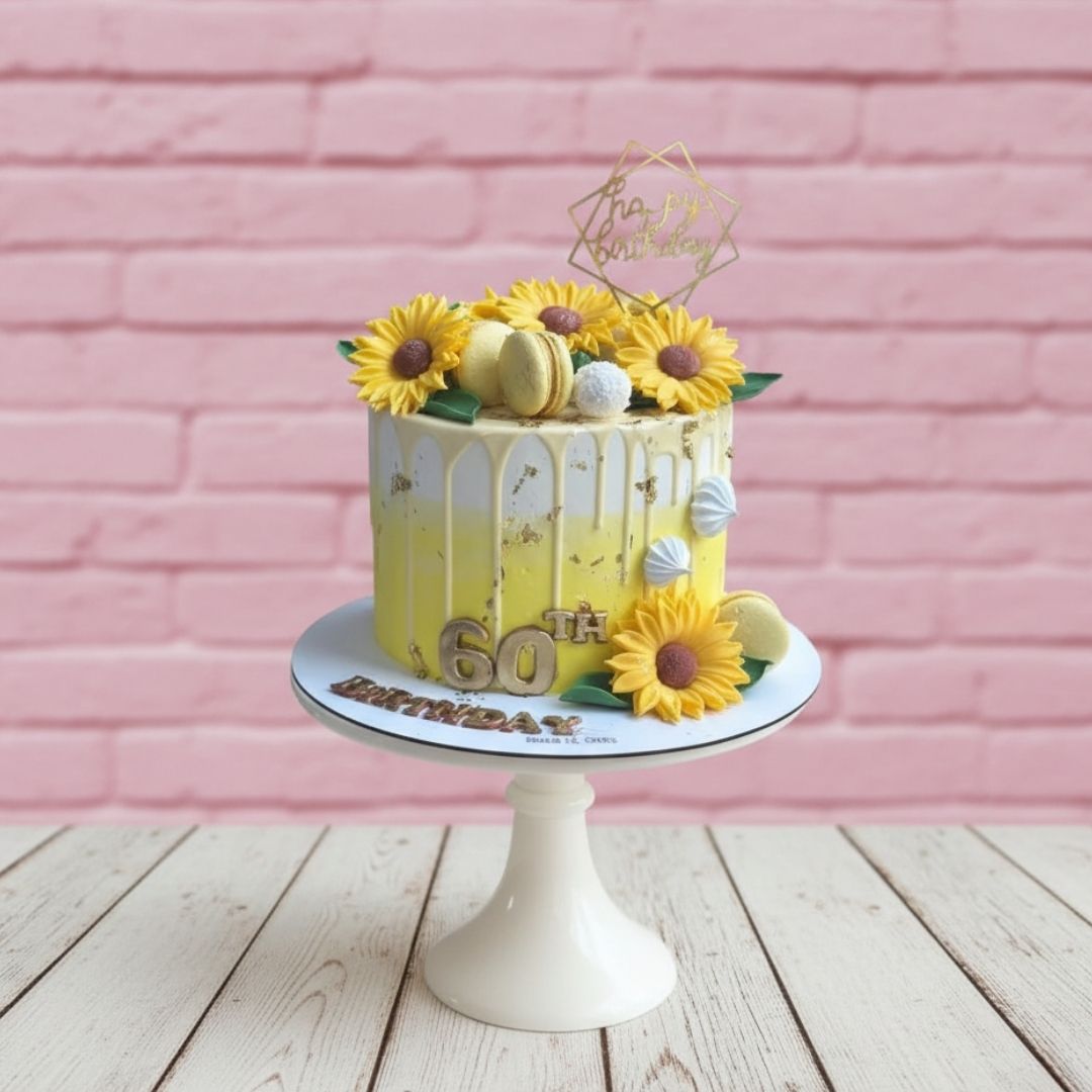 Yellow cake with sunflower decorations on a white stand against a pink brick wall.