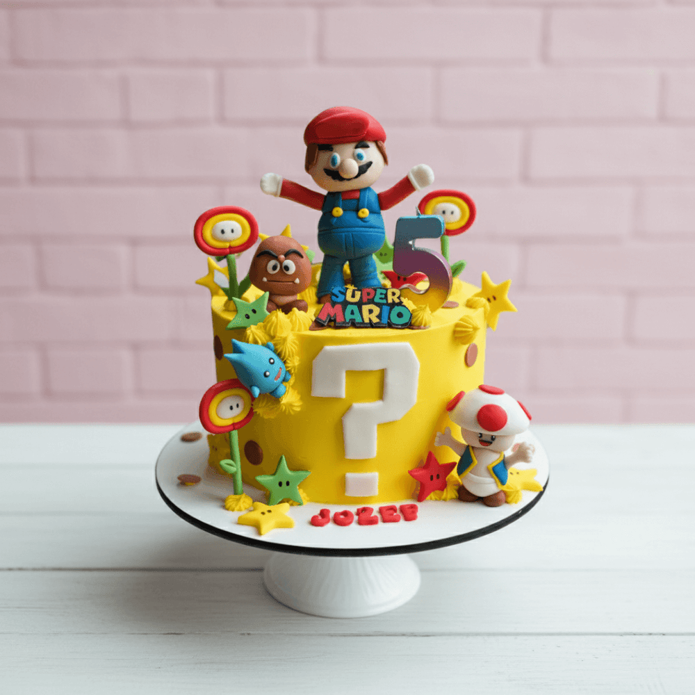 Super Mario-themed birthday cake with character figures on a white stand against a pink brick wall.