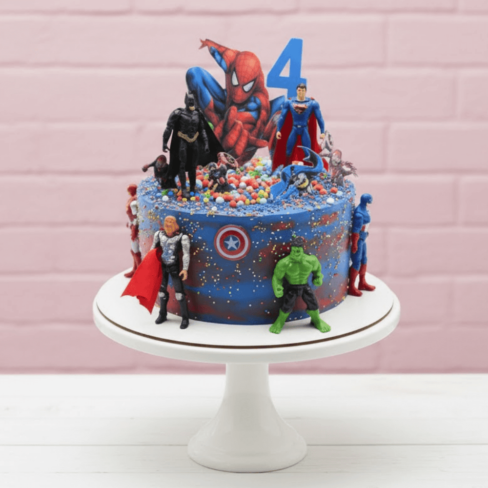 superheroes theme Birthday cake with superhero figurines on a pink background
