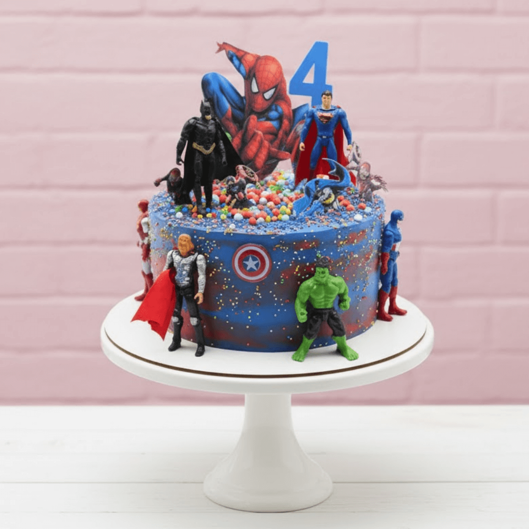 superheroes theme Birthday cake with superhero figurines on a pink background