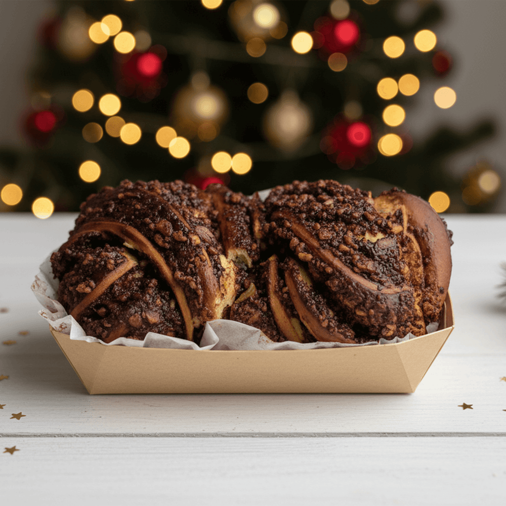 Two chocolate babka loaves in a paper container with a Christmas tree in the background