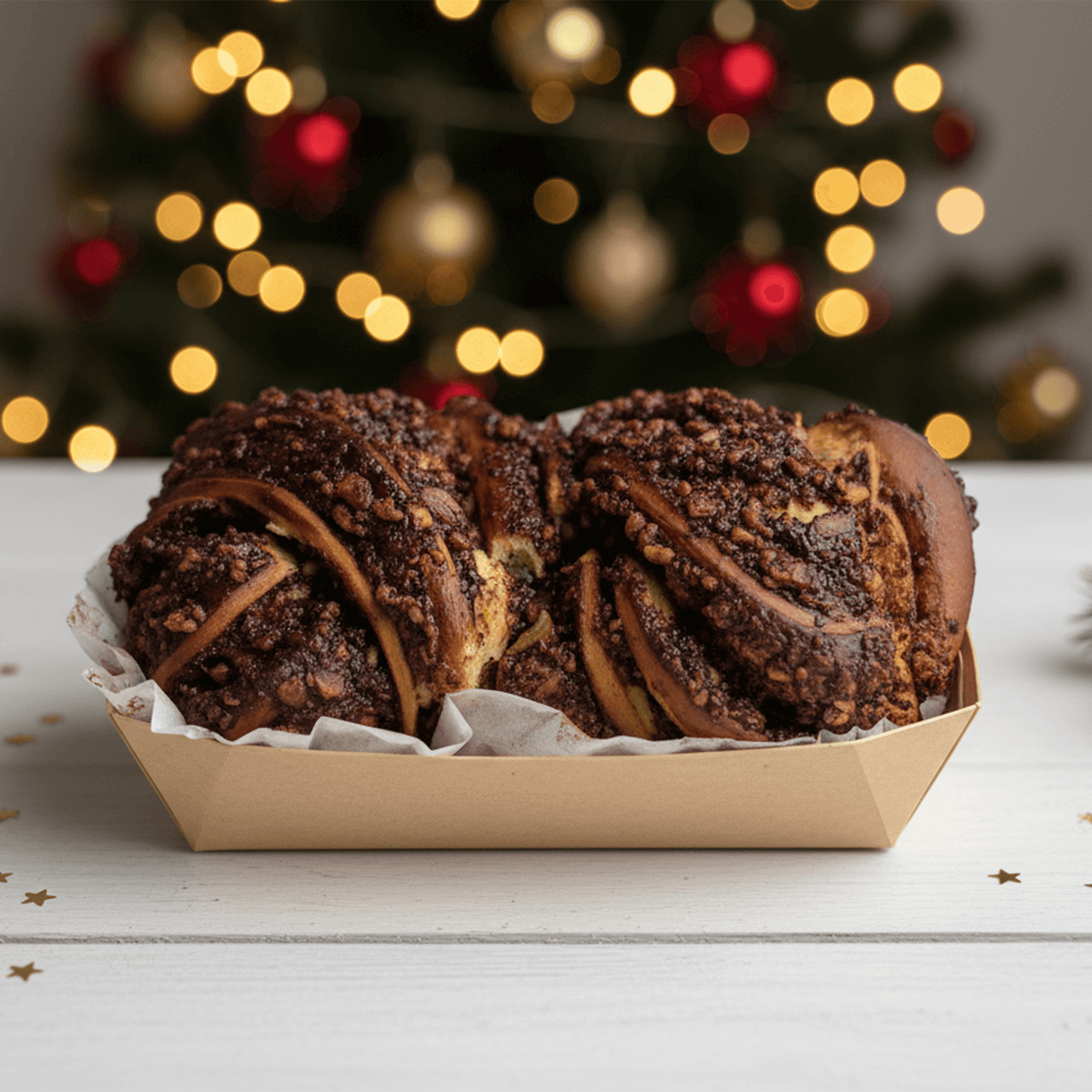Two chocolate babka loaves in a paper container with a Christmas tree in the background