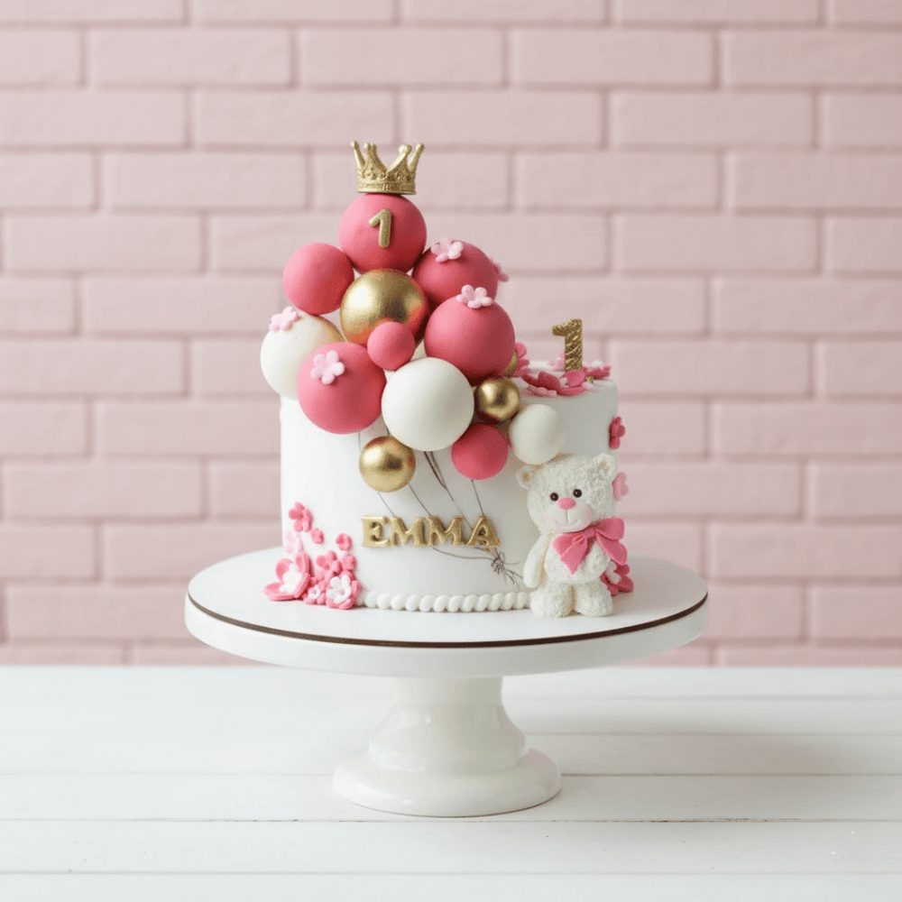 teddy bear theme Decorative cake with balloons and a teddy bear on a white stand against a pink brick wall.