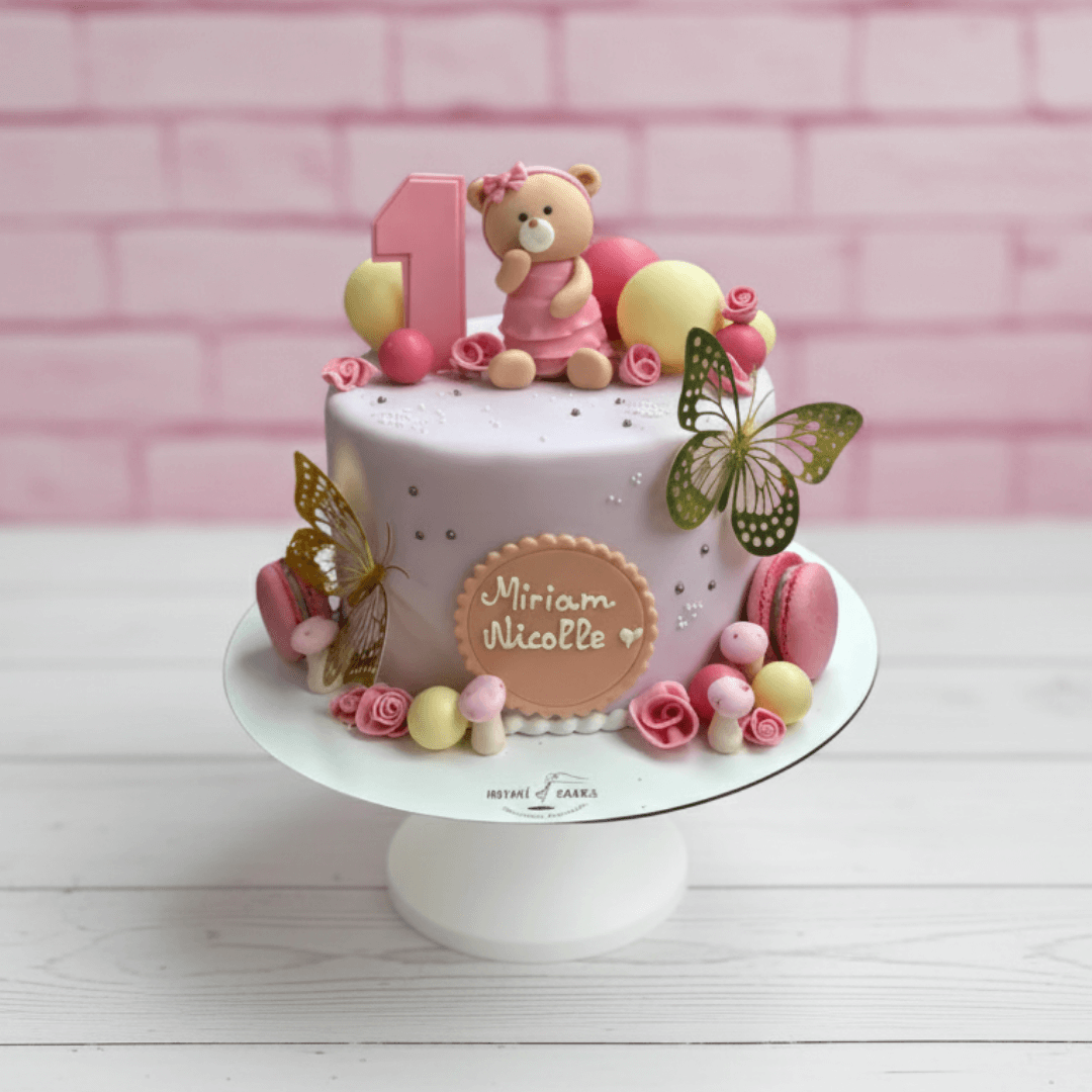 teddy bear theme cake in pink colour for girls birthdays