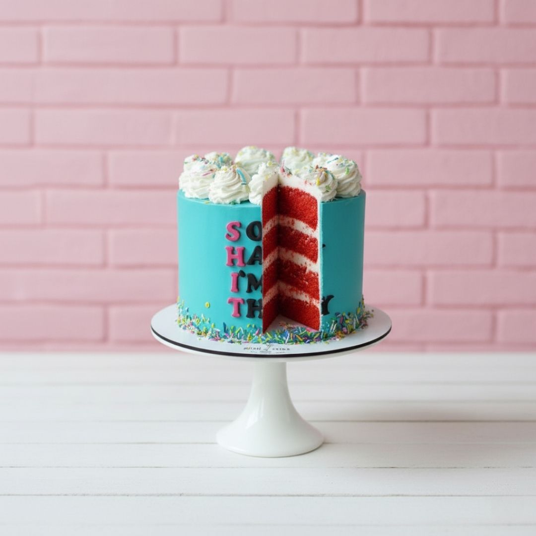 Blue cake with white frosting and red interior layers on a white stand against a pink brick wall.