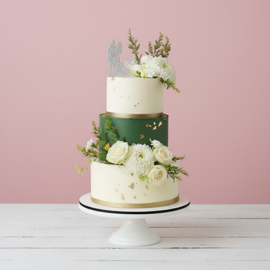 Three-tiered wedding cake with floral decorations on a pink background
