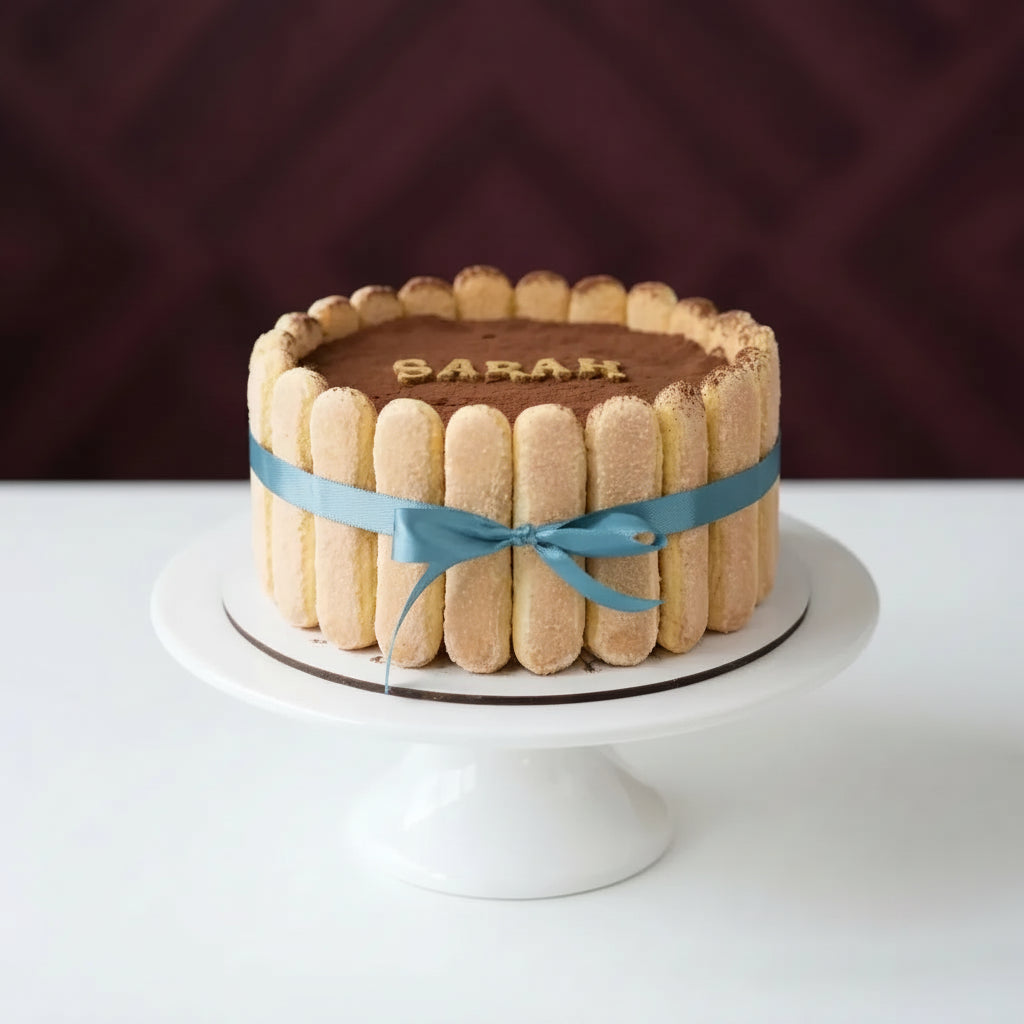 A round tiramisu cake with blue ribbon bow, displayed on a white cake stand against a dark burgundy background.