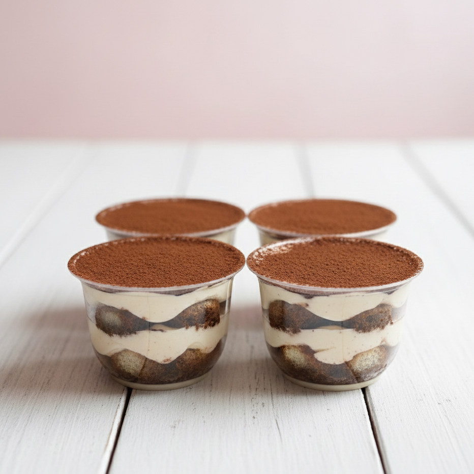 Four small cups of tiramisu dessert on a white wooden surface with a pinkish background