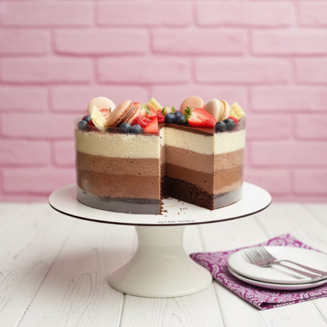 Multi-layered trio cake with berries on a white stand against a pink brick wall.