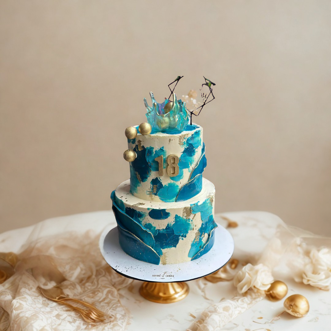 Two-tiered cake with blue and gold design on a marble surface with flowers and gold forks.