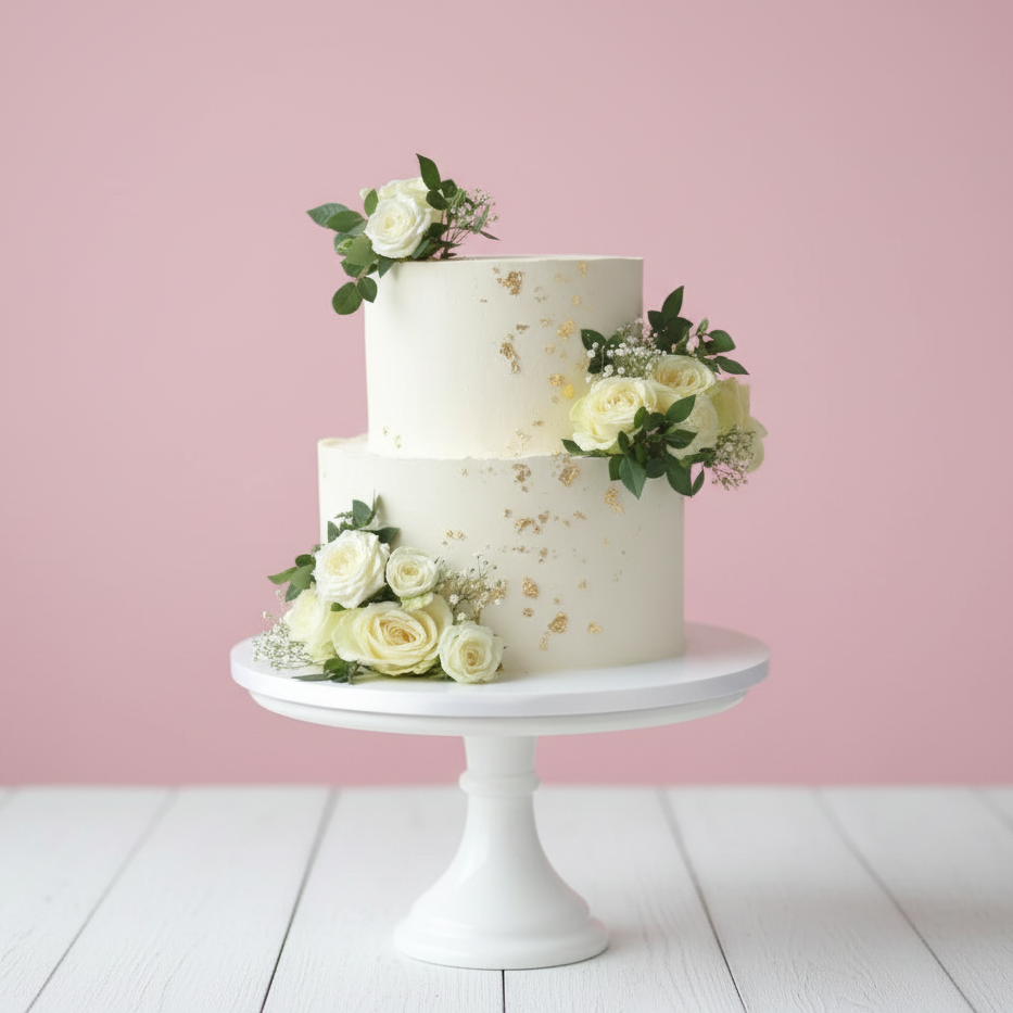 two tiers white floral wedding cake in Nottingham