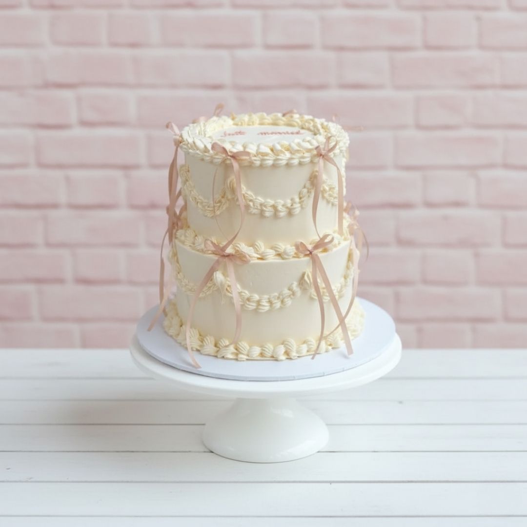 two tiered piping cake with ribbons
