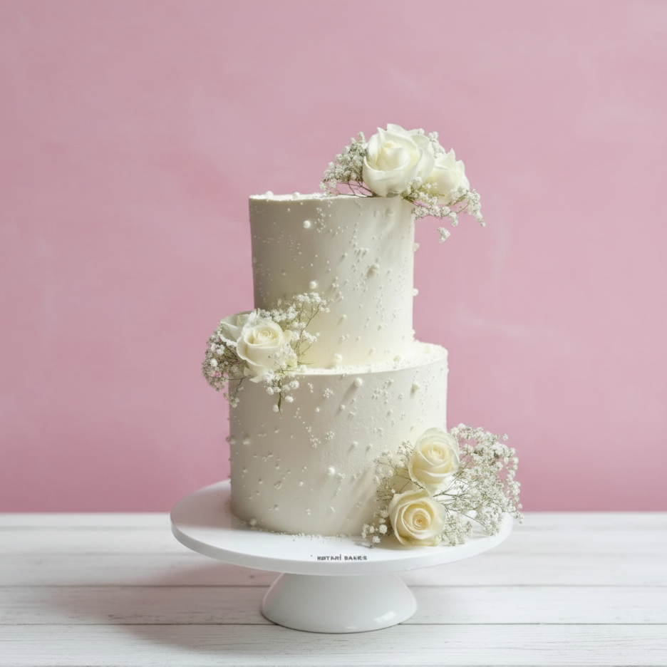two tiered white floral wedding cake