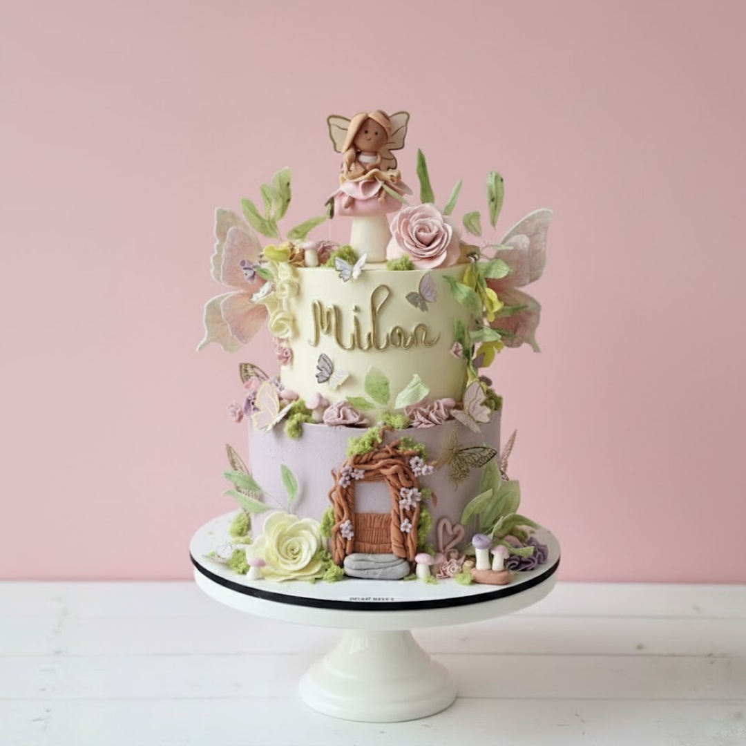 two tier fairy cake with fairy elements on a pink background
