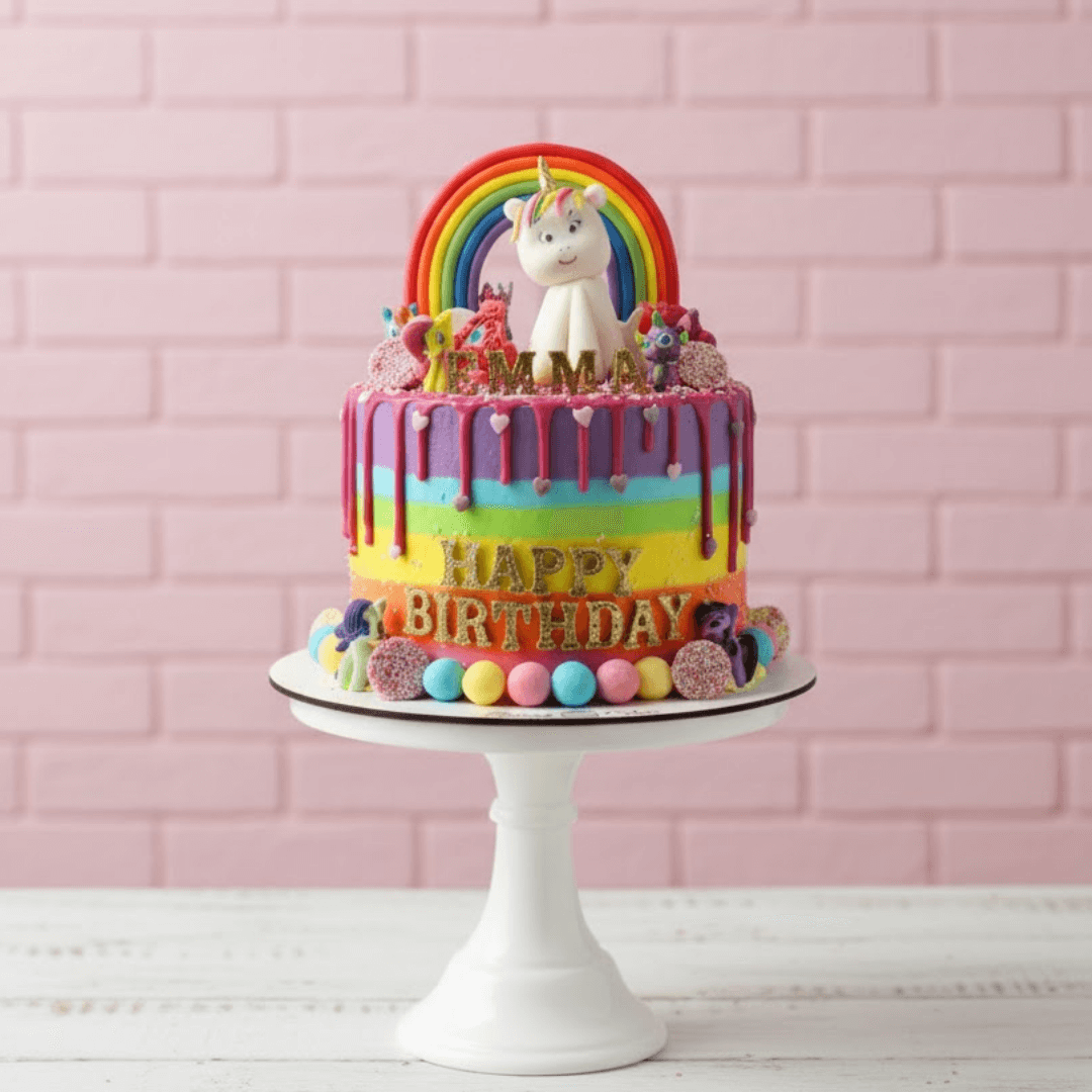 Colorful birthday cake with unicorn and rainbow decorations on a white stand against a pink brick wall.