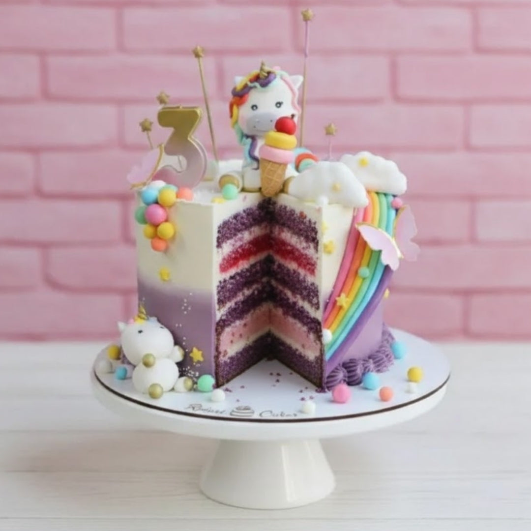 Colorful unicorn-themed birthday cake with a pink brick wall background