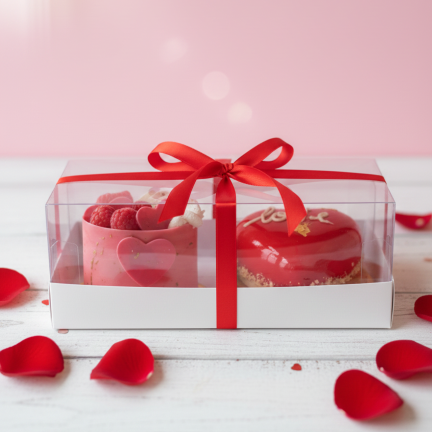Heart-shaped  valentines cake in a transparent box with a red ribbon on a pink background