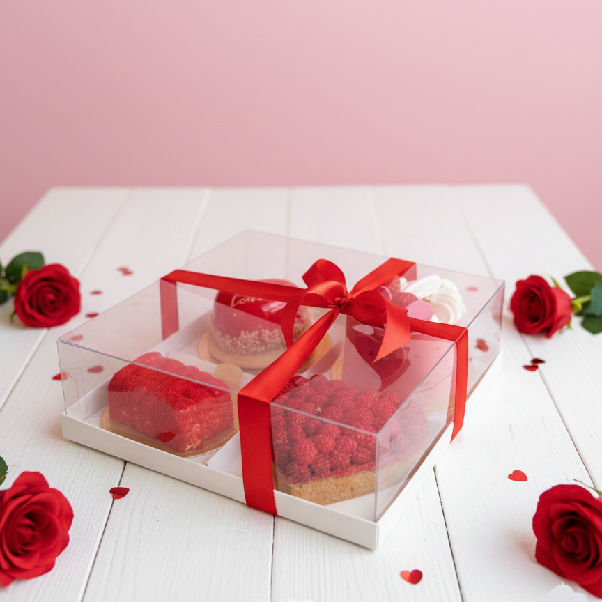 valentine's Gift box with red ribbon and cookies on a white surface with red roses.