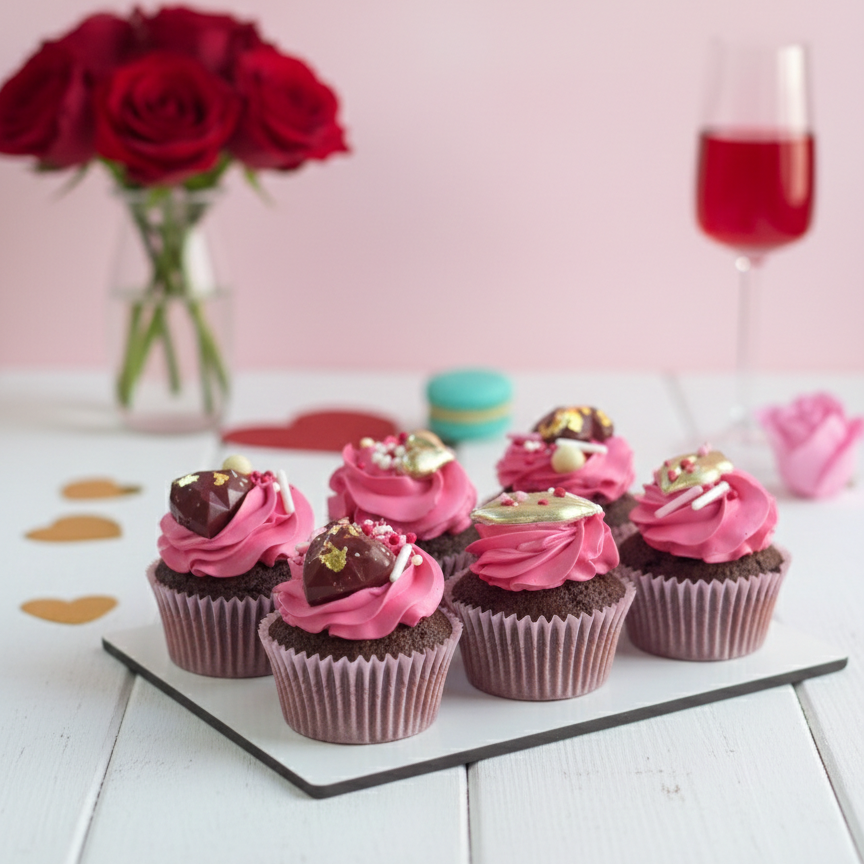 valentine Chocolate cupcakes with pink frosting on a white surface with red roses and a glass of red wine in the background.
