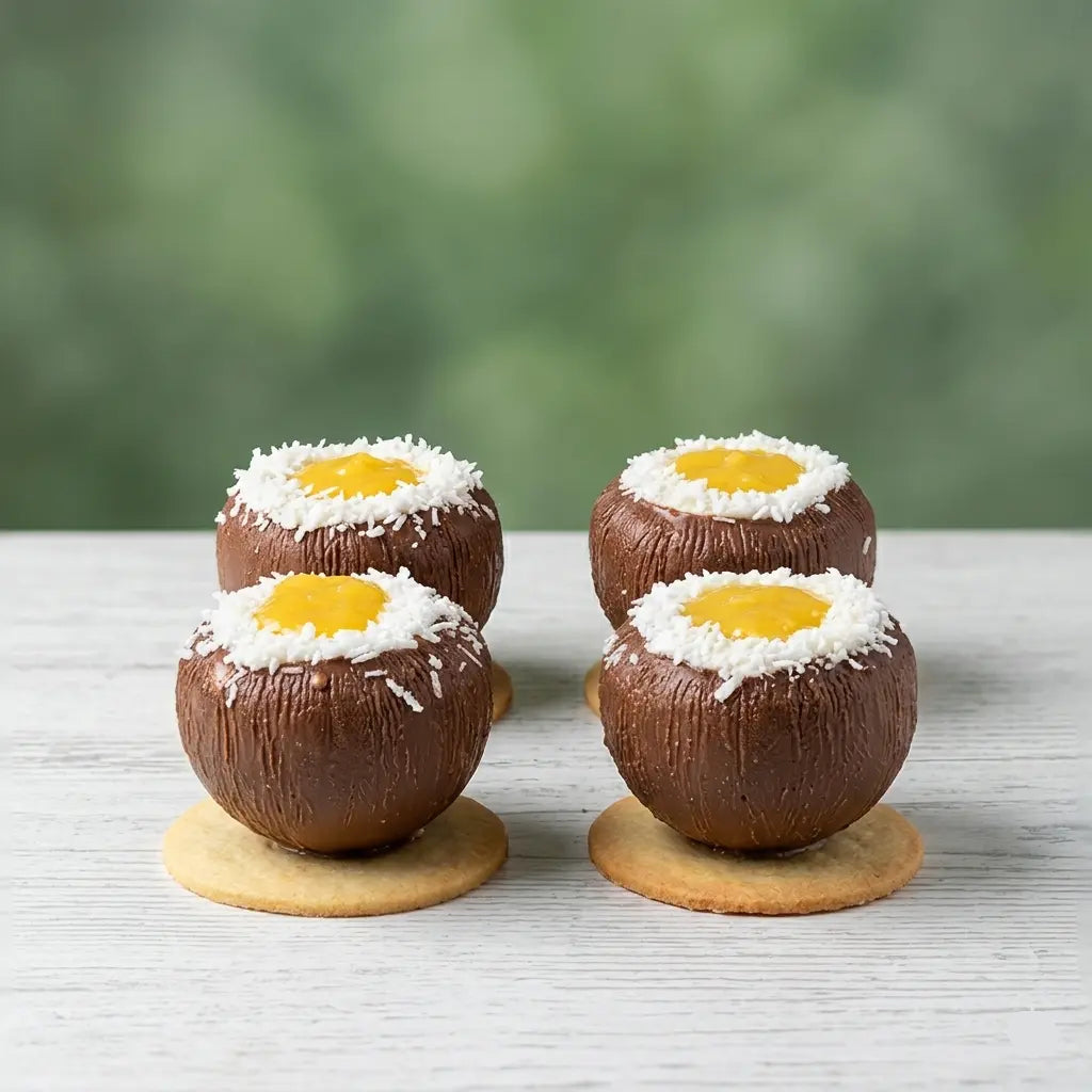 coconut shape pastries  on a wooden surface with a blurred green background.