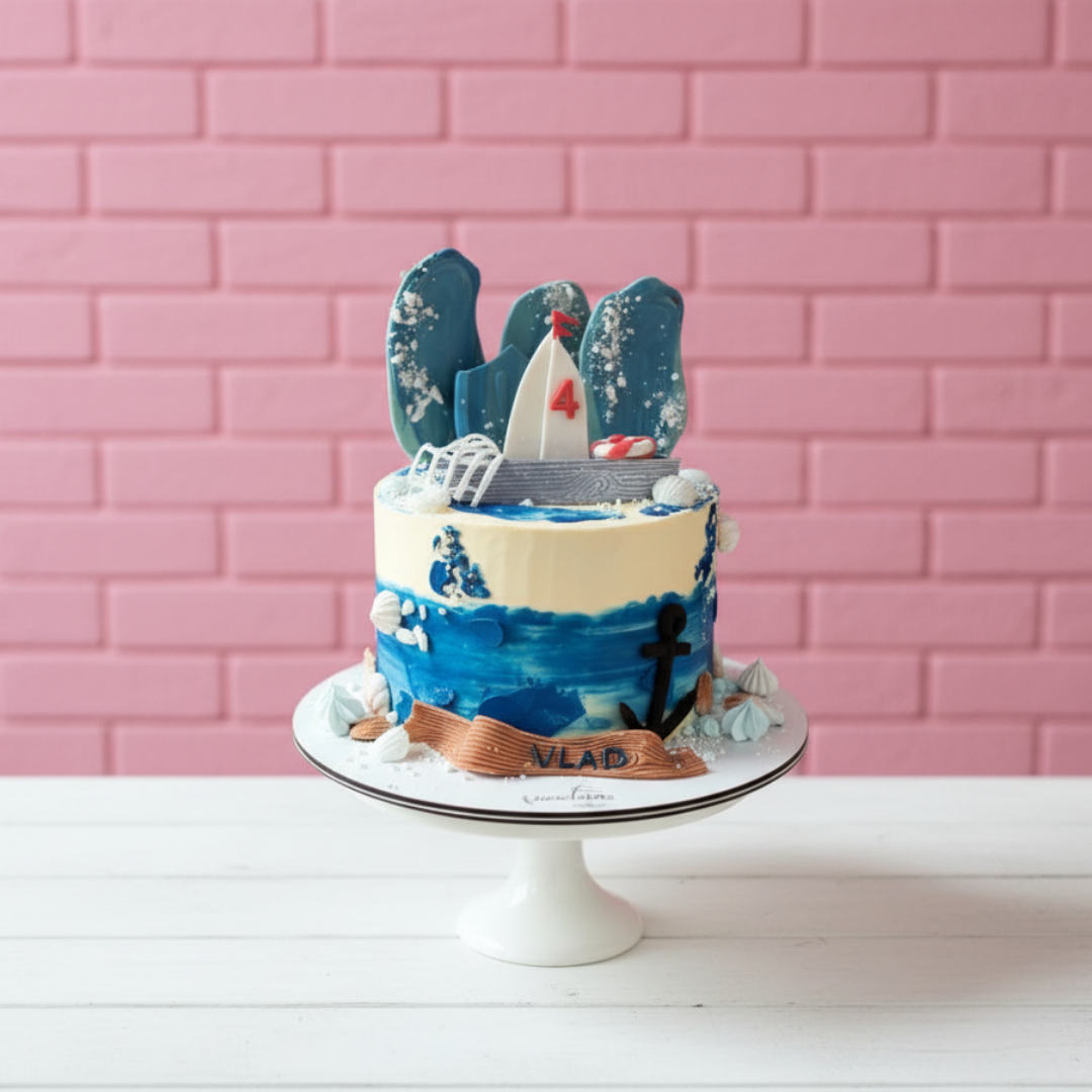 Cake with nautical theme on a white stand against a pink brick wall
