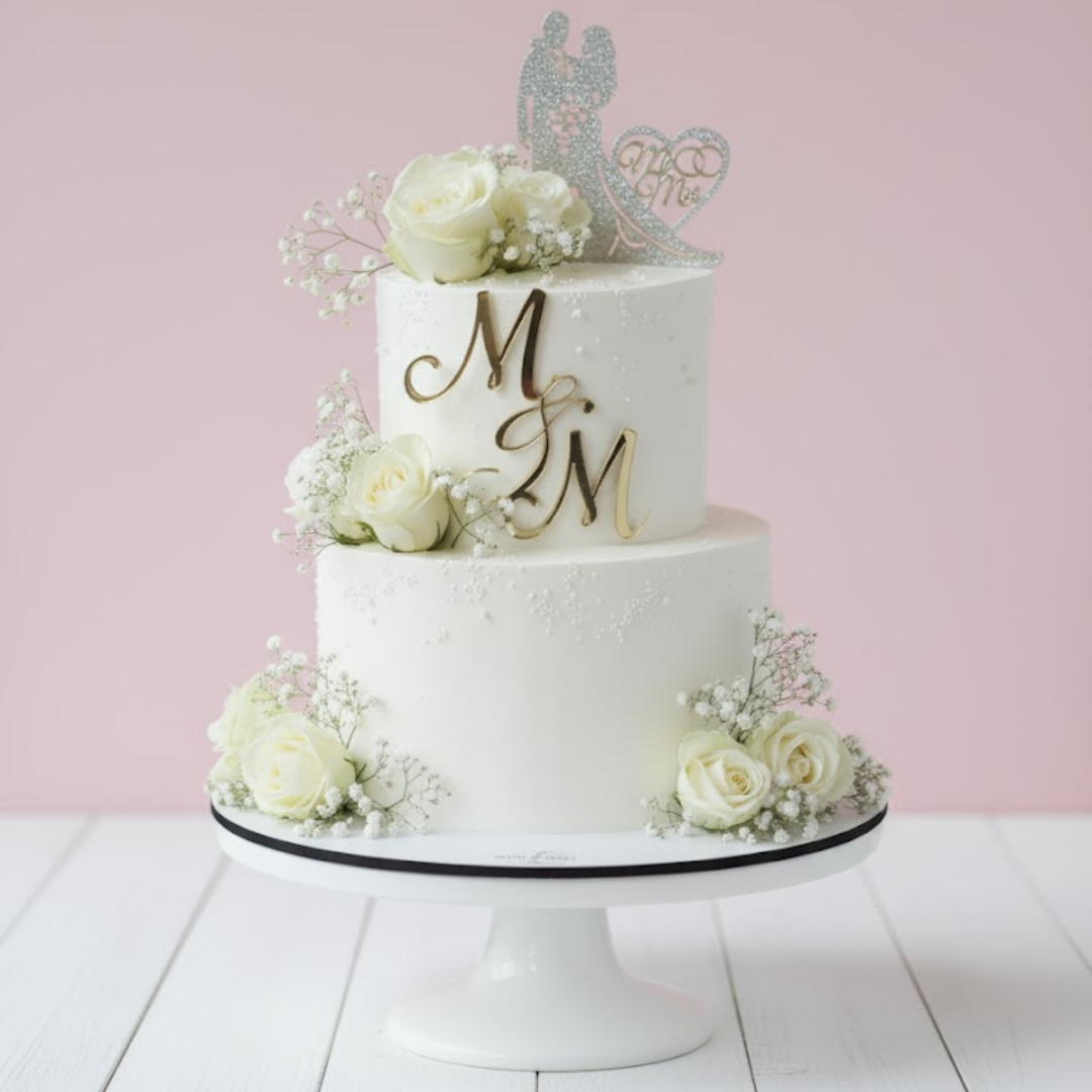 Two-tier wedding cake with floral decorations and 'M & M' monogram against a pink background