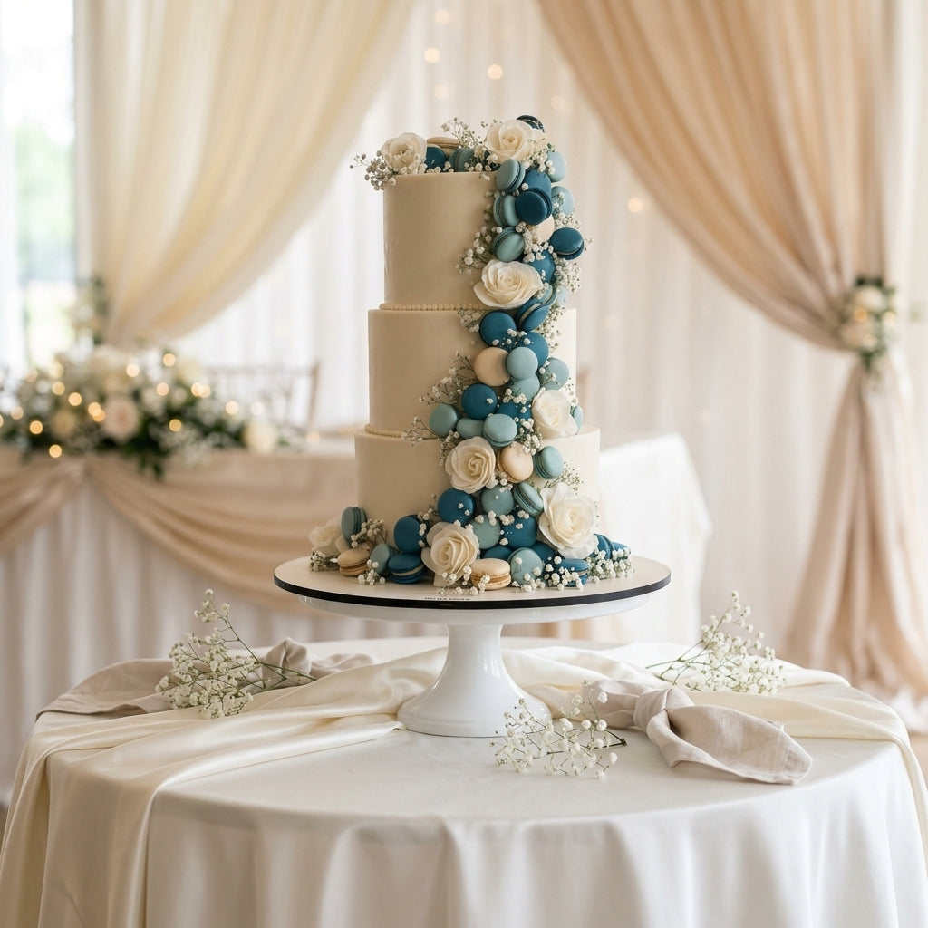 A three-tier cream wedding cake decorated with a cascading floral design of blue, teal, and white roses, displayed on a white pedestal stand on a draped table.