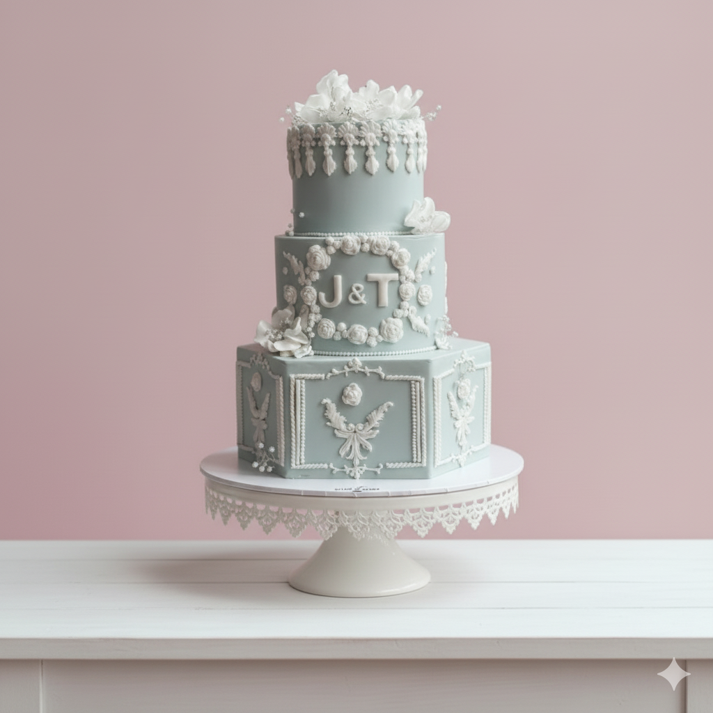 Three-tiered wedding cake with decorative elements and initials 'J' & 'T' on a pink background
