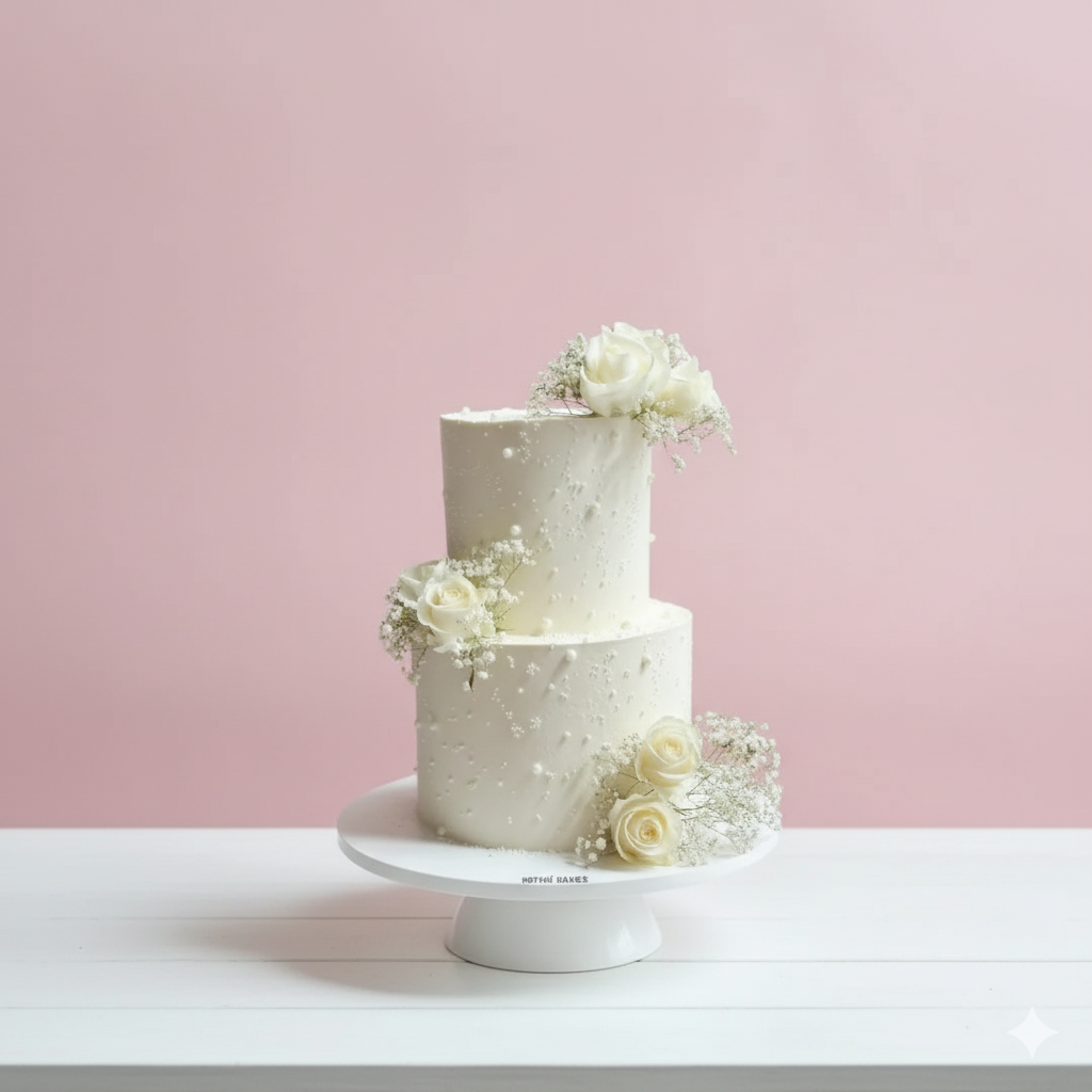 Two-tiered wedding cake with white roses on a pink background