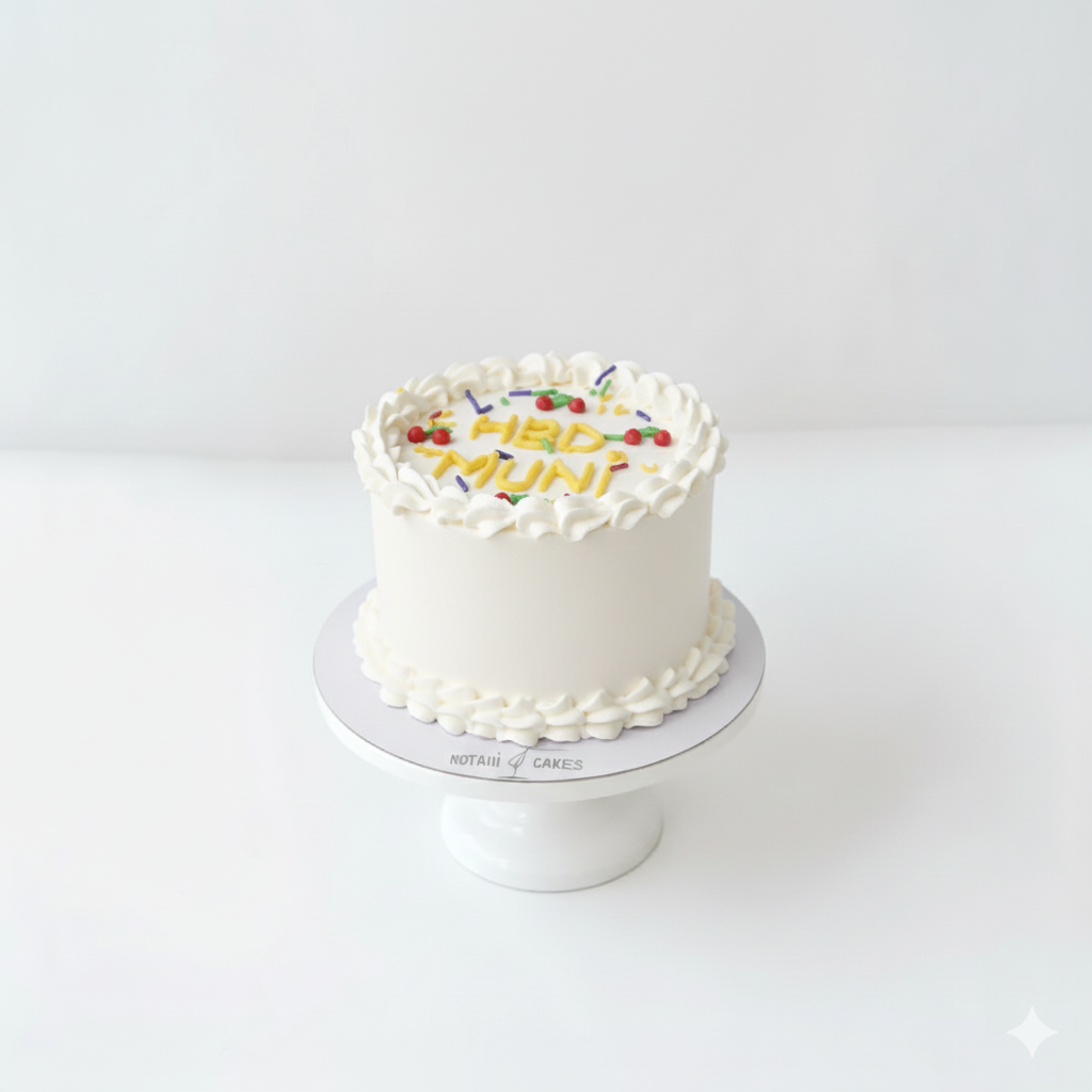 White cake with colorful lettering on a white stand against a white background