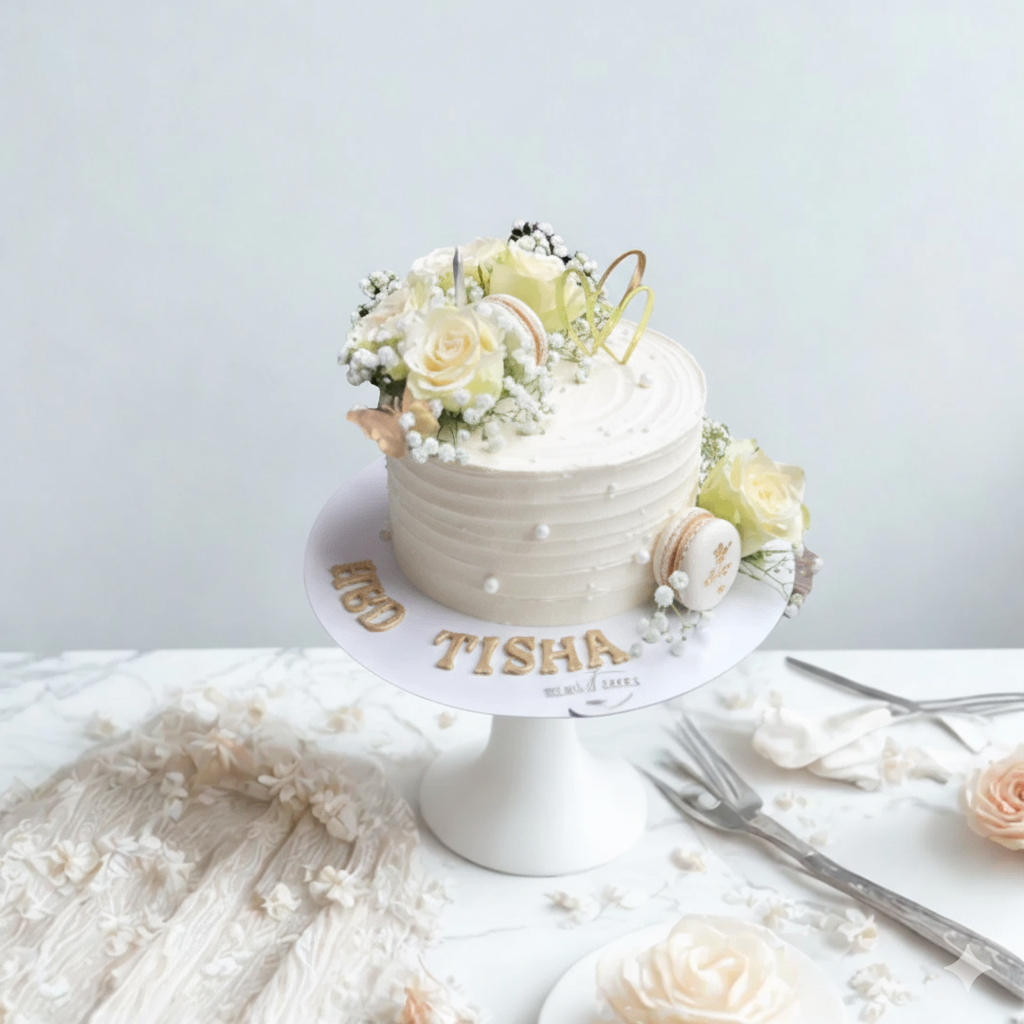 White cake with floral decorations on a white stand against a light background